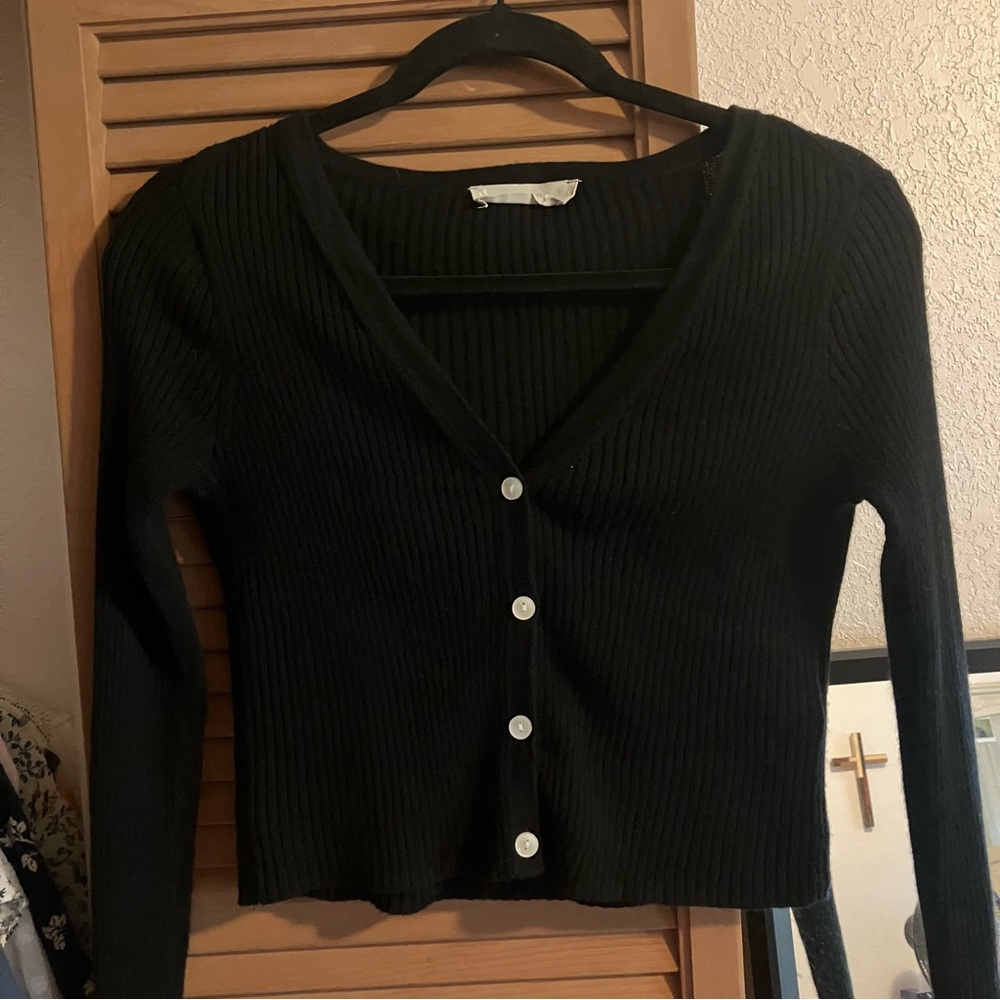 Everlane Black Ribbed Wool Blend Crop Cardigan